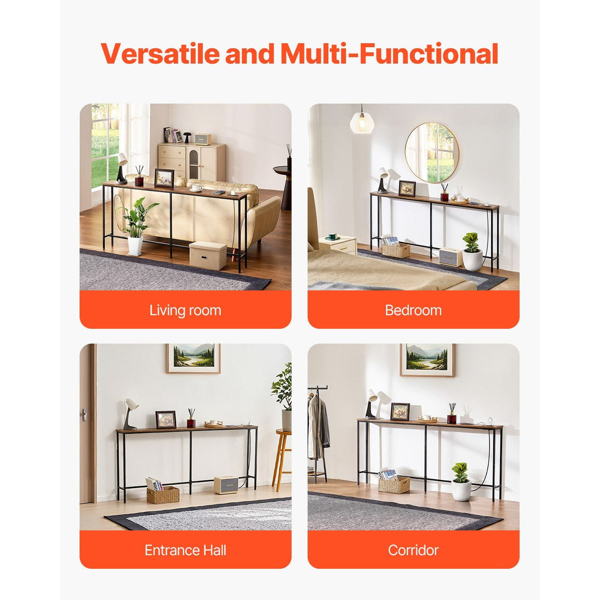 Narrow Console Table, 70.9" Behind Couch Table with Power Outlets, 1-Tier Long Entryway Table, Narrow Sofa Table with Metal Frame and Charge Station, for Entryway, Hallway, Living Room