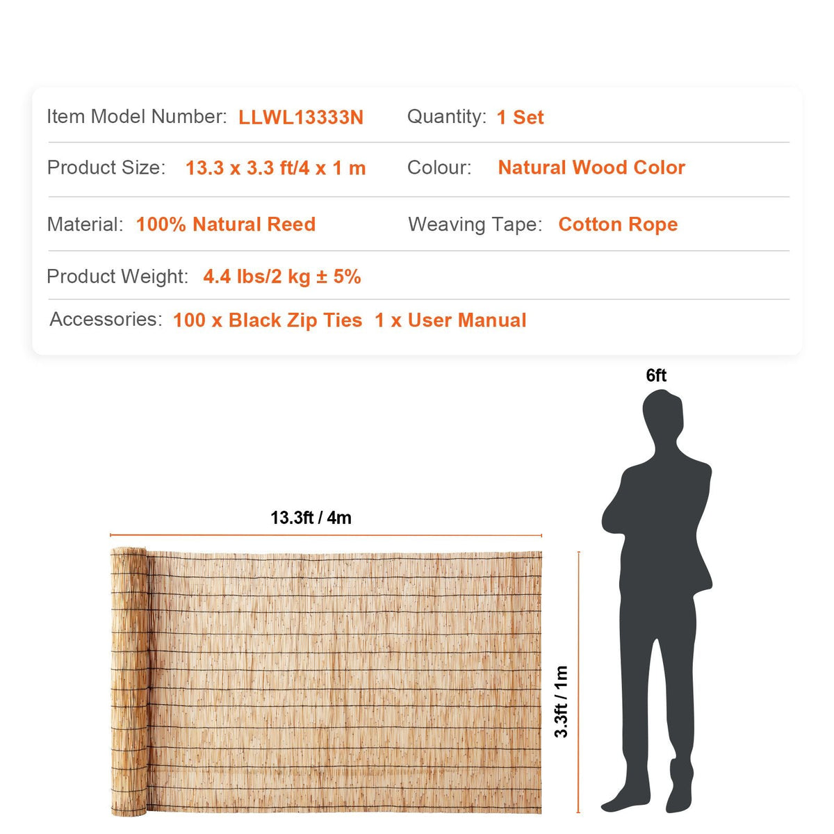Natural Reed Fencing, 3.3 ft x 13.3 ft, Reed Screen Curtain Balcony Reed Fence Roll for Outdoor Backyard Patio, Decorative Fence for Backyard Garden Fencing Divider, Privacy Screen Panel Curtain