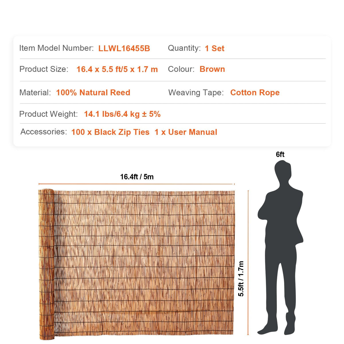 Natural Reed Fencing, 5.5 ft x 16.4 ft, Reed Screen Curtain Balcony Reed Fence Roll for Outdoor Backyard Patio, Decorative Fence for Backyard Garden Fencing Divider, Privacy Screen Panel, Brown