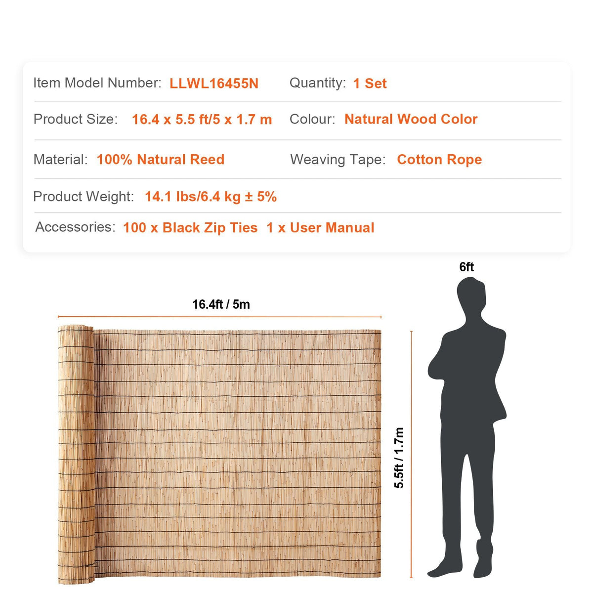 Natural Reed Fencing, 5.5 ft x 16.4 ft, Reed Screen Curtain Balcony Reed Fence Roll for Outdoor Backyard Patio, Decorative Fence for Backyard Garden Fencing Divider, Privacy Screen Panel Curtain