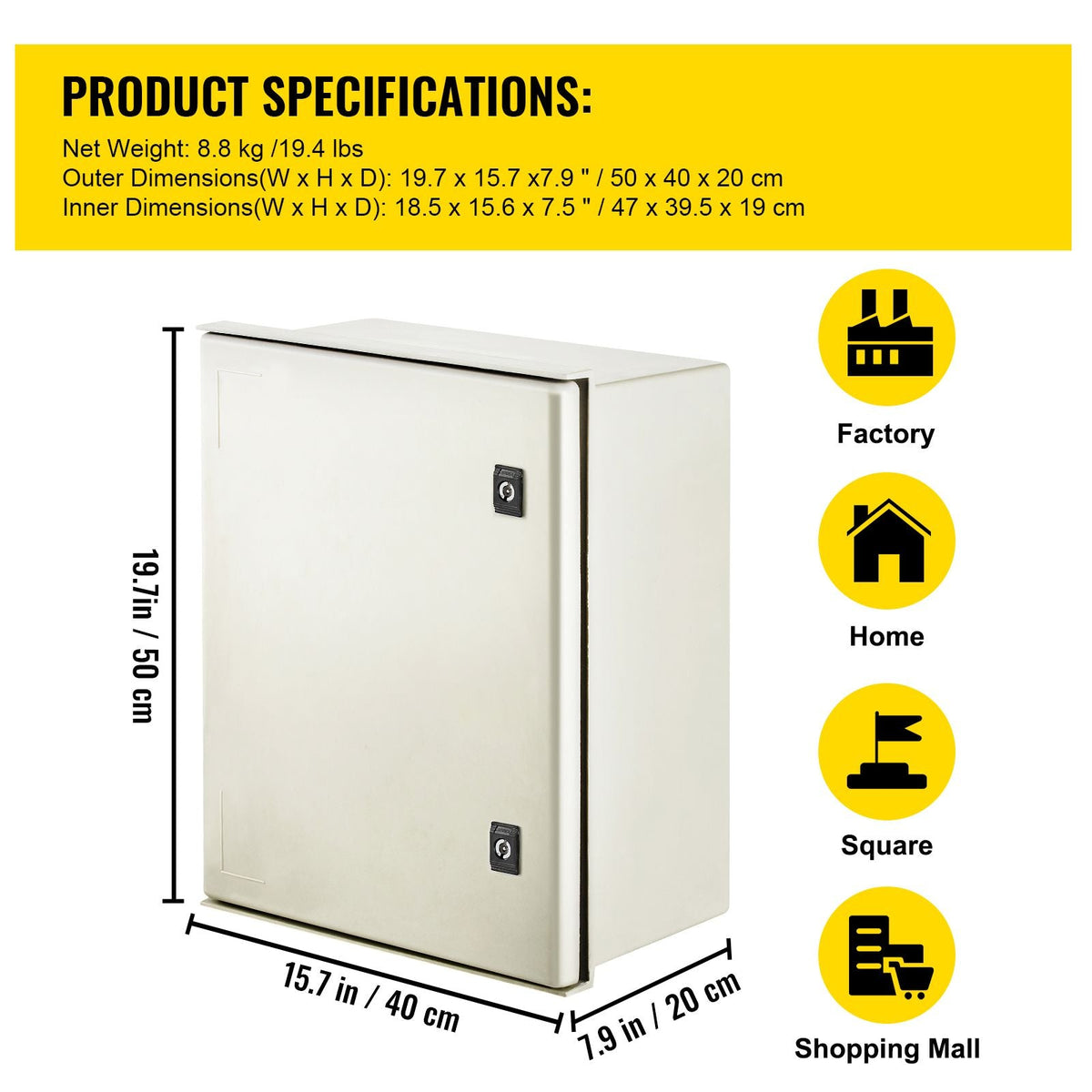 NEMA Enclosure, 20 x 16 x 8 inches, NEMA 4X Fiberglass Steel Electrical Box, IP66 Waterproof & Dustproof Hinged Junction Box for Outdoor Indoor Use, with Mounting Plate(50x40x20 cm))