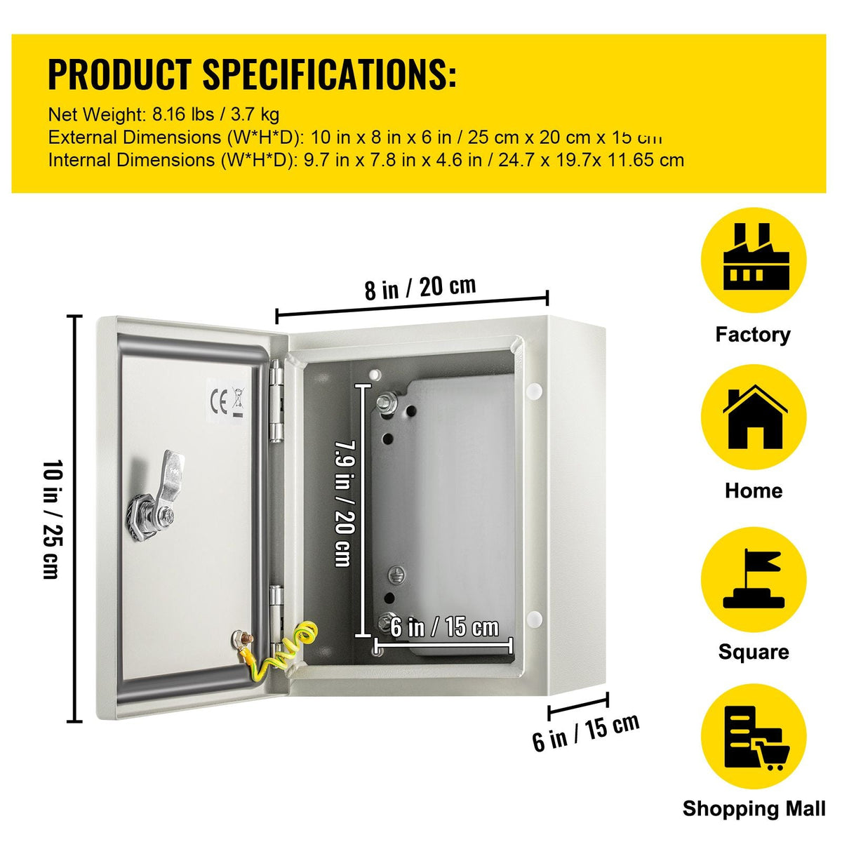 NEMA Metal Case, 10 x 8 x 6'' NEMA 4X Metal Electric Enclosure, IP66 Water & Dust Resistant, Suitable for Both Outdoor & Indoor Use, Includes Mounting Plate