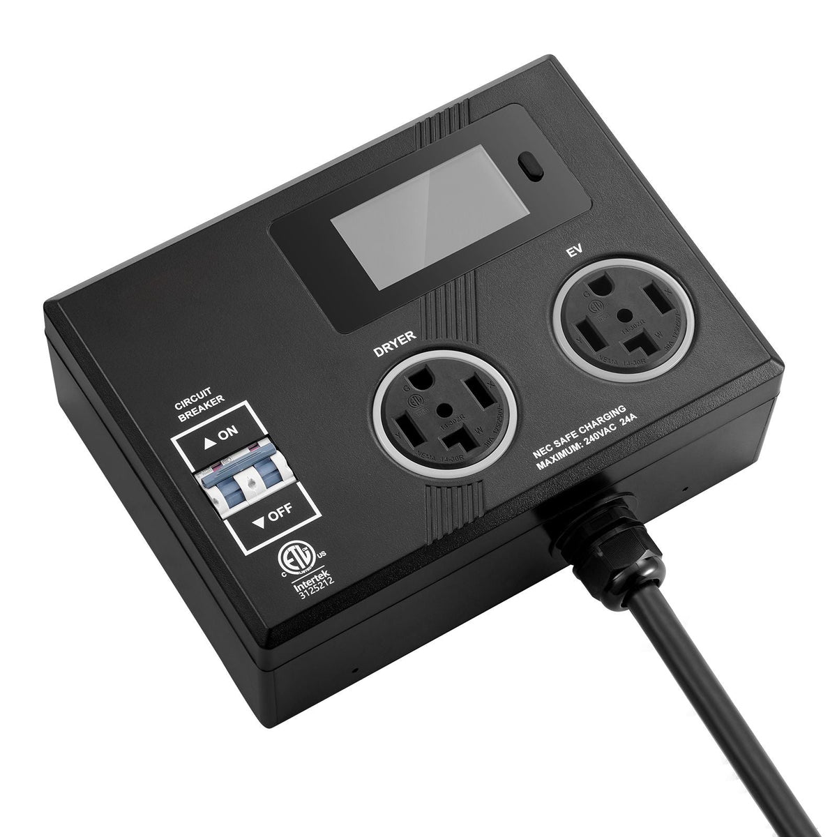 NEMA Splitter for Dryer and EV, 3-Color LED Indicator, 240V Smart Power Distribution, With NEMA 14-30 Plug, Two NEMA 14-30 Outlets, 3.4 in LCD Screen, Max 24A Dryer EV, Tested to ETL Standard