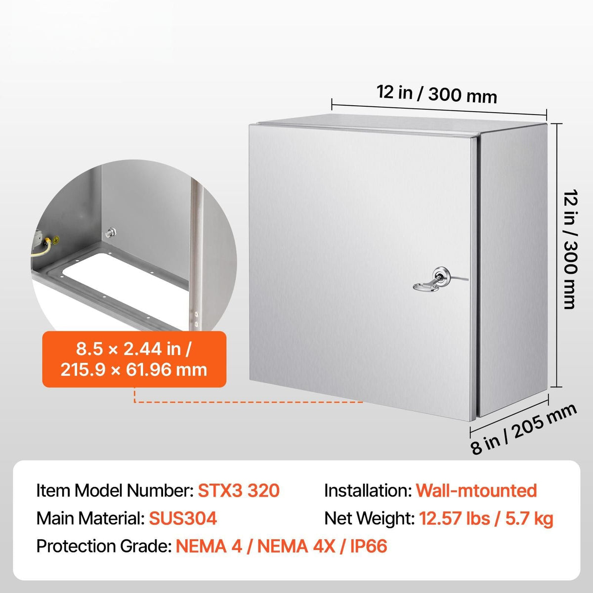 NEMA Stainless Steel Enclosure, 12 x 12 x 8\'\' NEMA 4X Steel Electrical Box, IP66 Waterproof & Dustproof, Outdoor/Indoor Electrical Junction Box, with Mounting Plate