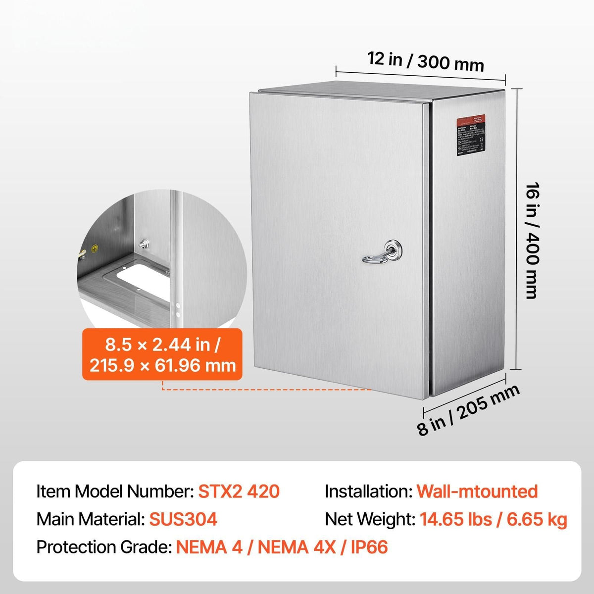 NEMA Stainless Steel Enclosure, 16 x 12 x 8\'\' NEMA 4X Steel Electrical Box, IP66 Waterproof & Dustproof, Outdoor/Indoor Electrical Junction Box, with Mounting Plate