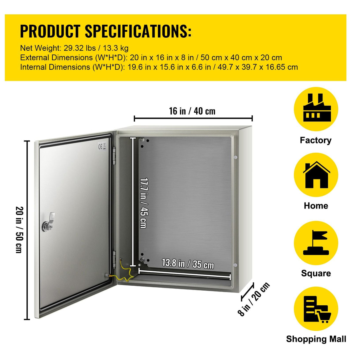 NEMA Steel Case, 20x16x8'' NEMA 4X Metal Electric Enclosure, IP66 Water & Dust Resistant, Suitable for Both Outdoor & Indoor Use, Includes Mounting Plate