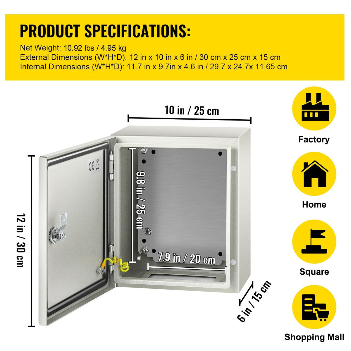 NEMA Steel Enclosure, 12 x 10 x 6\'\' NEMA 4X Steel Electrical Box, IP66 Waterproof & Dustproof, Outdoor/Indoor Electrical Junction Box, with Mounting Plate