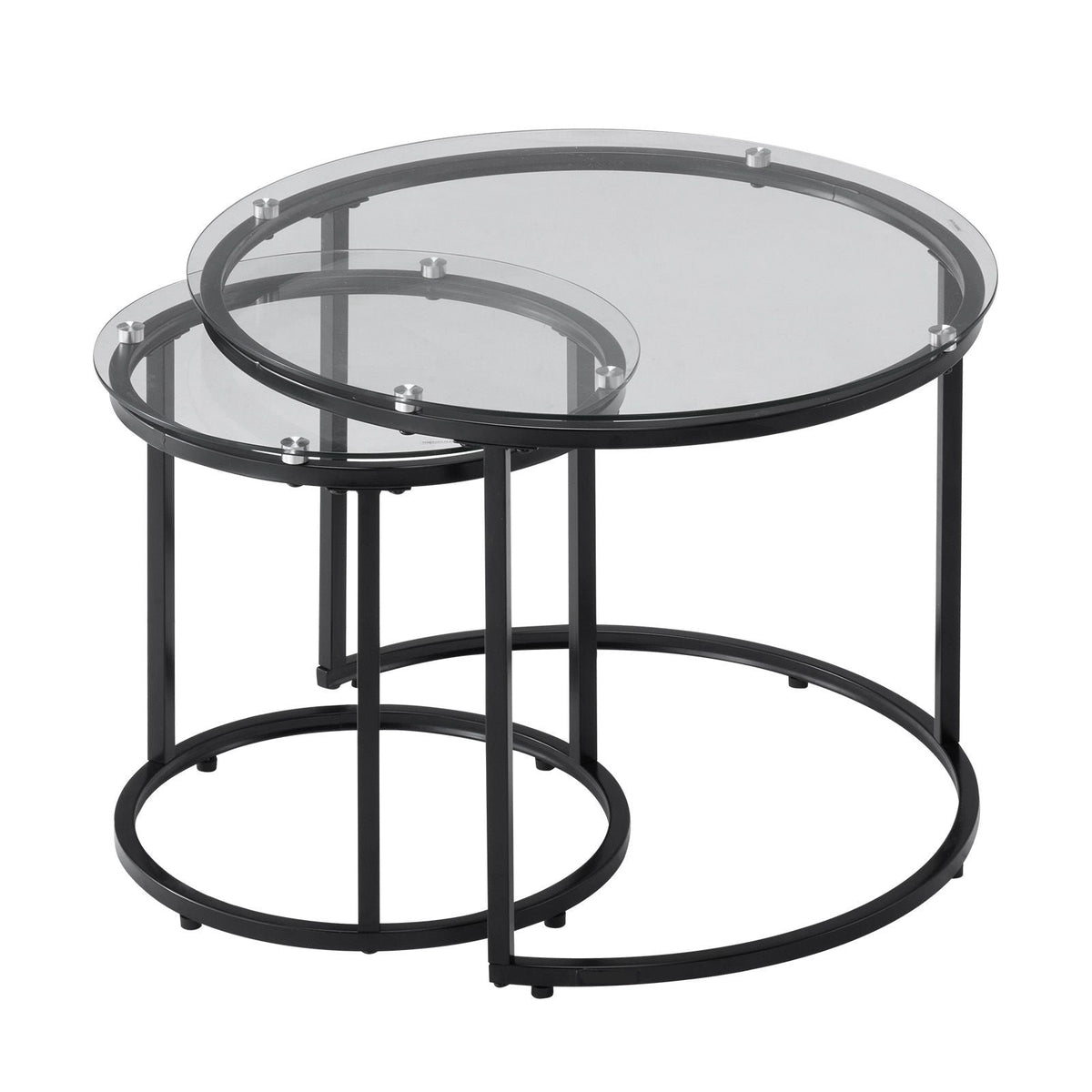 Nesting Coffee Table Set of 2, 23.6 in Round Coffee Table, Glass Nesting Tables for Small Place, Modern End Side Tables Night Stand with Metal Frame, for Living Room, Bedroom, Balcony, Office