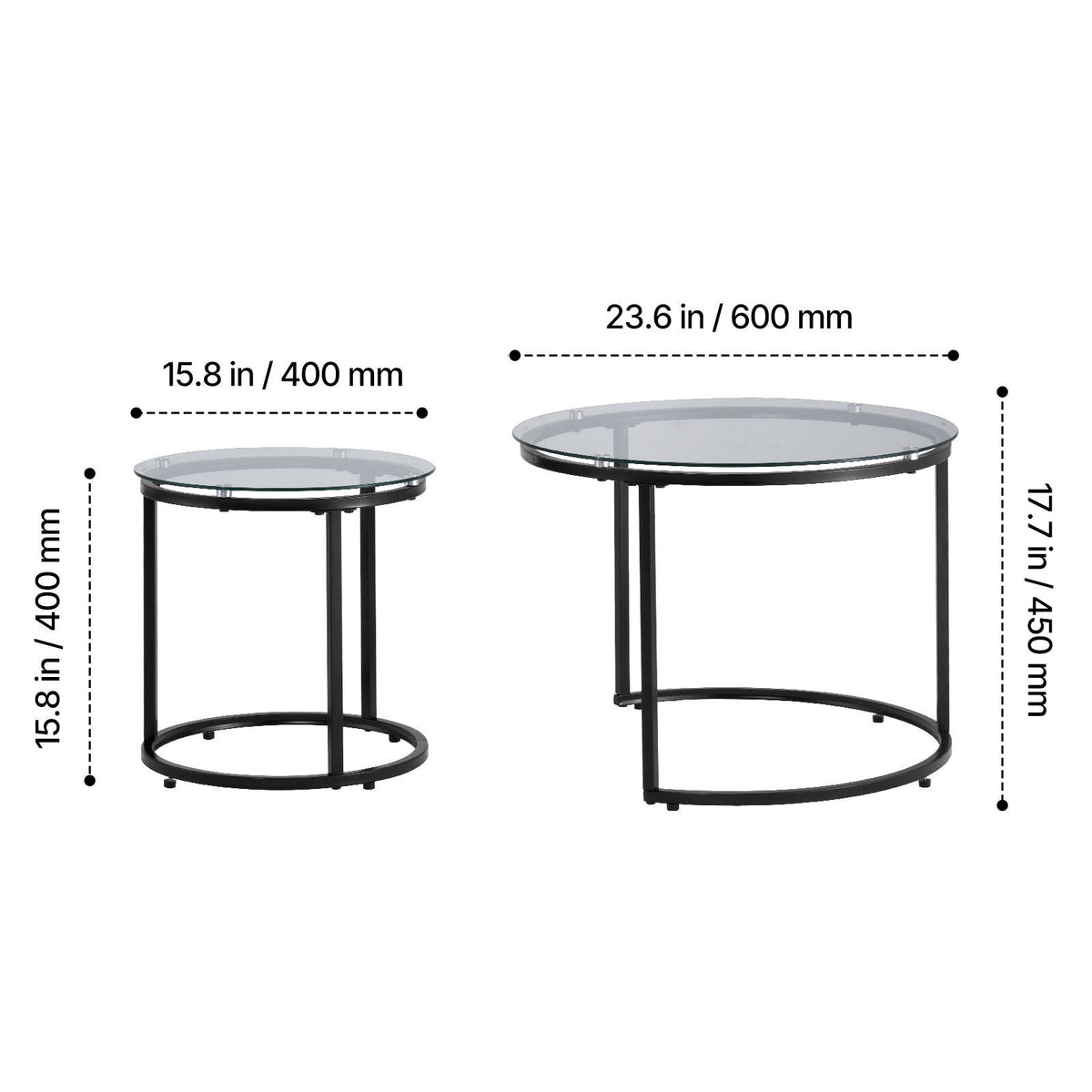Nesting Coffee Table Set of 2, 23.6 in Round Coffee Table, Glass Nesting Tables for Small Place, Modern End Side Tables Night Stand with Metal Frame, for Living Room, Bedroom, Balcony, Office