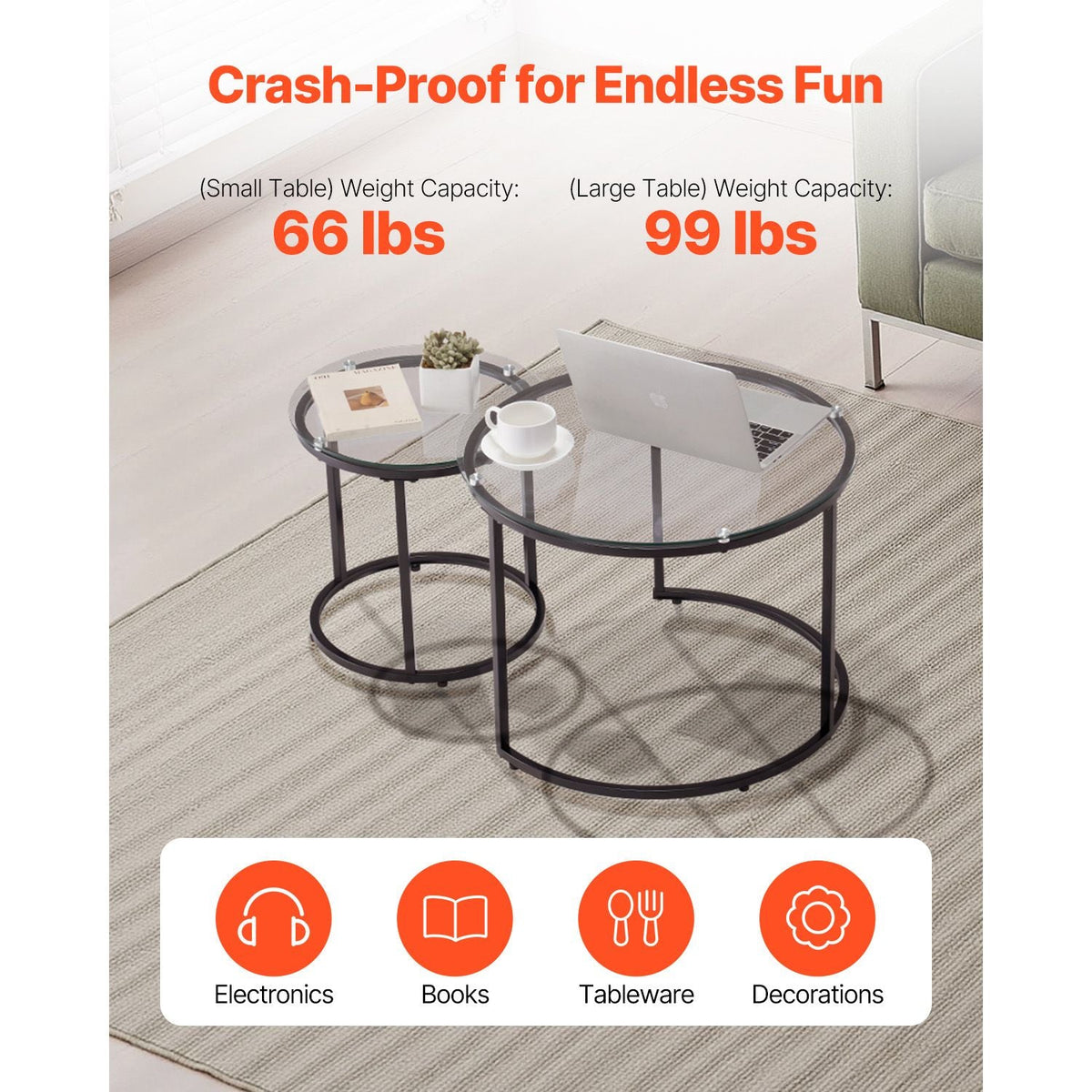 Nesting Coffee Table Set of 2, 23.6 in Round Coffee Table, Glass Nesting Tables for Small Place, Modern End Side Tables Night Stand with Metal Frame, for Living Room, Bedroom, Balcony, Office