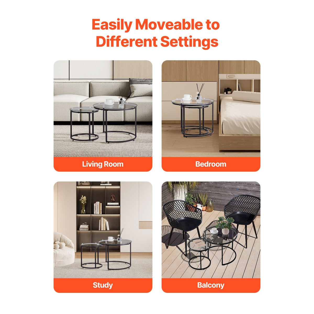 Nesting Coffee Table Set of 2, 23.6 in Round Coffee Table, Glass Nesting Tables for Small Place, Modern End Side Tables Night Stand with Metal Frame, for Living Room, Bedroom, Balcony, Office