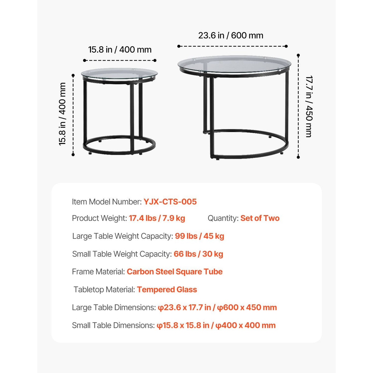 Nesting Coffee Table Set of 2, 23.6 in Round Coffee Table, Glass Nesting Tables for Small Place, Modern End Side Tables Night Stand with Metal Frame, for Living Room, Bedroom, Balcony, Office