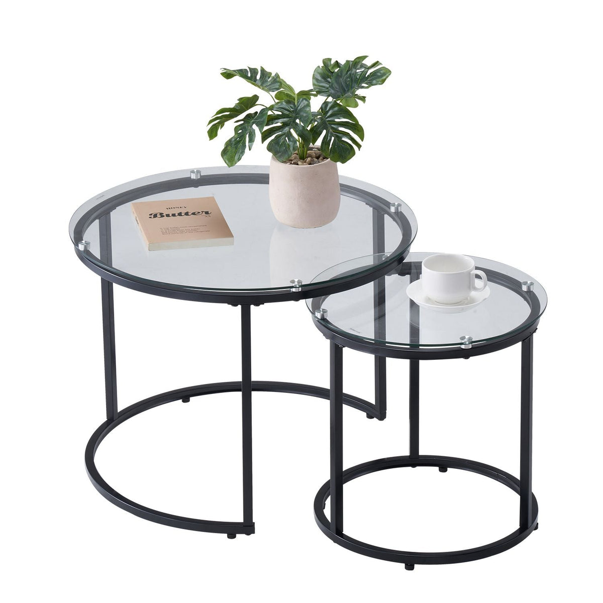 Nesting Coffee Table Set of 2, 23.6 in Round Coffee Table, Glass Nesting Tables for Small Place, Modern End Side Tables Night Stand with Metal Frame, for Living Room, Bedroom, Balcony, Office
