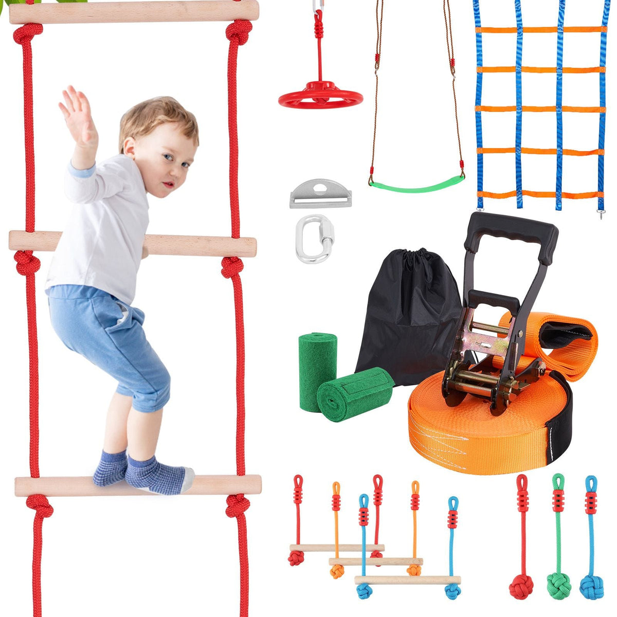 Ninja Warrior Obstacle Course for Kids, 2 x 50 ft Weatherproof Slacklines, 500lbs Weight Capacity Monkey Line, Outdoor Playset Equipment, Backyard Toys Training Equipment Set with 10 Obstacles