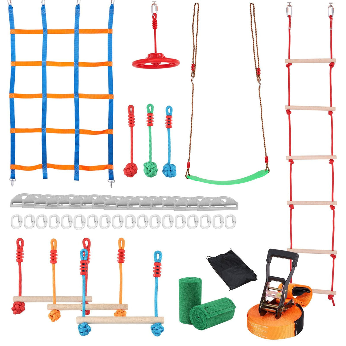 Ninja Warrior Obstacle Course for Kids, 2 x 50 ft Weatherproof Slacklines, 500lbs Weight Capacity Monkey Line, Outdoor Playset Equipment, Backyard Toys Training Equipment Set with 10 Obstacles