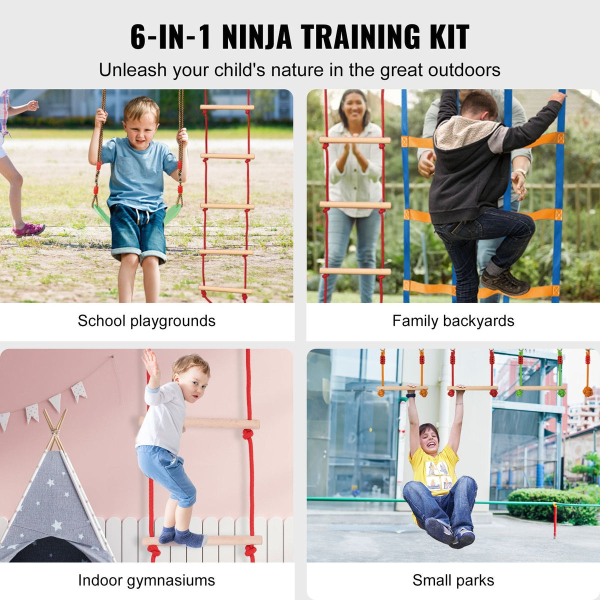 Ninja Warrior Obstacle Course for Kids, 2 x 50 ft Weatherproof Slacklines, 500lbs Weight Capacity Monkey Line, Outdoor Playset Equipment, Backyard Toys Training Equipment Set with 10 Obstacles