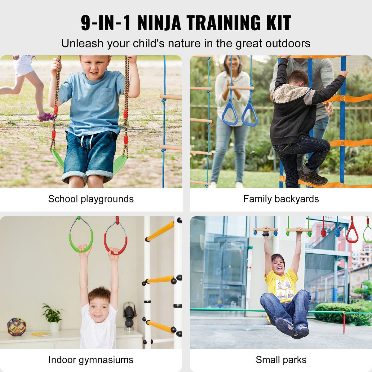 Ninja Warrior Obstacle Course for Kids, 2 x 50 ft Weatherproof Slacklines, 500lbs Weight Capacity Monkey Line, Outdoor Playset Equipment, Backyard Toys Training Equipment Set with 12 Obstacles