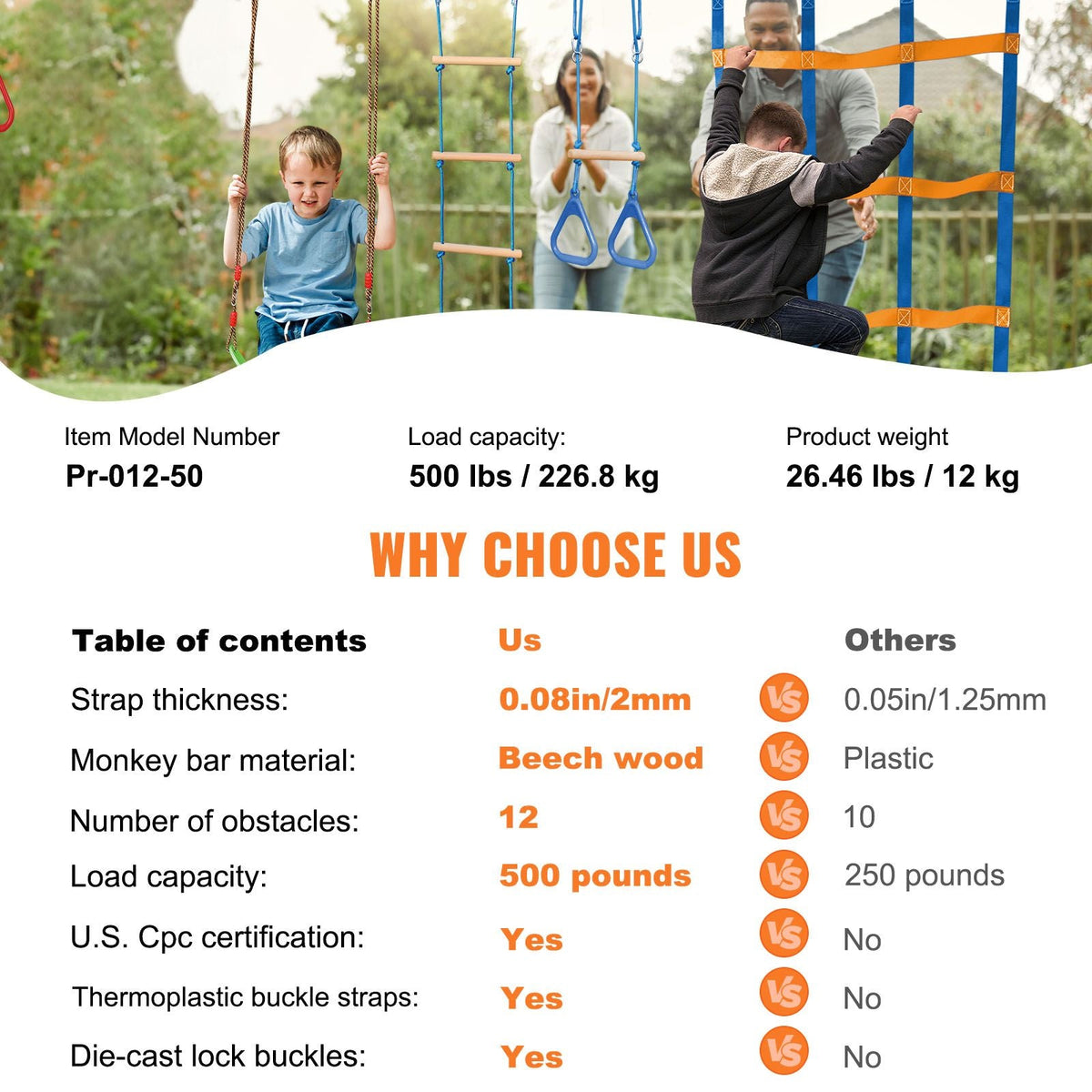 Ninja Warrior Obstacle Course for Kids, 2 x 50 ft Weatherproof Slacklines, 500lbs Weight Capacity Monkey Line, Outdoor Playset Equipment, Backyard Toys Training Equipment Set with 12 Obstacles