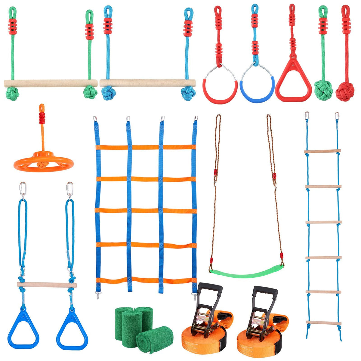 Ninja Warrior Obstacle Course for Kids, 2 x 50 ft Weatherproof Slacklines, 500lbs Weight Capacity Monkey Line, Outdoor Playset Equipment, Backyard Toys Training Equipment Set with 12 Obstacles