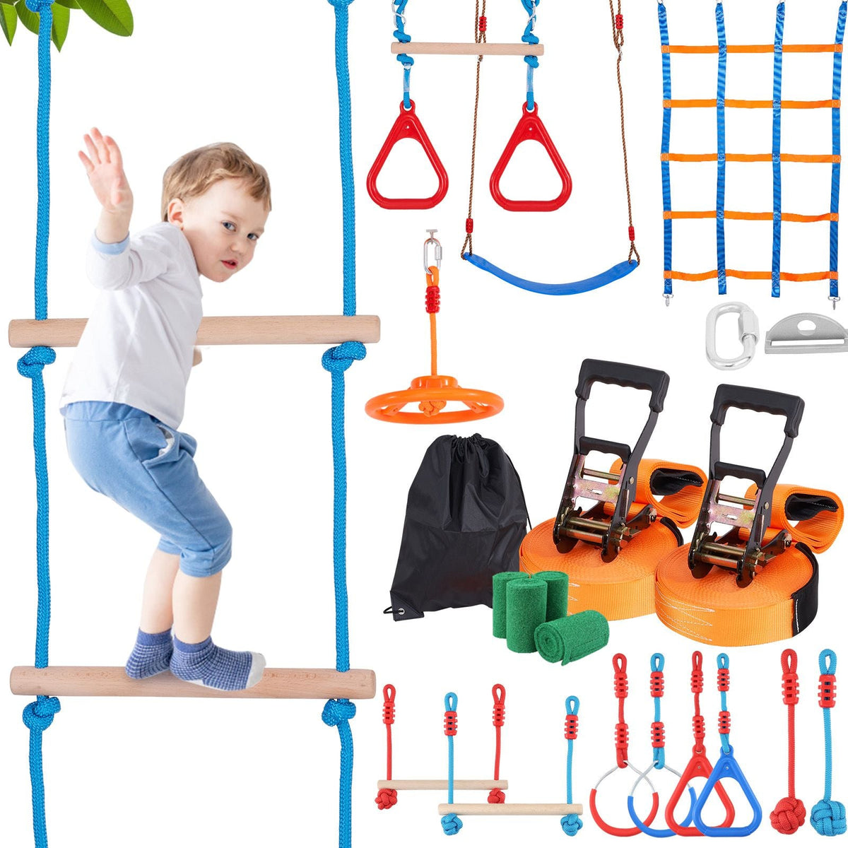 Ninja Warrior Obstacle Course for Kids, 2 x 60 ft Weatherproof Slacklines, 500lbs Weight Capacity Monkey Line, Outdoor Playset Equipment, Backyard Toys Training Equipment Set with 14 Obstacles