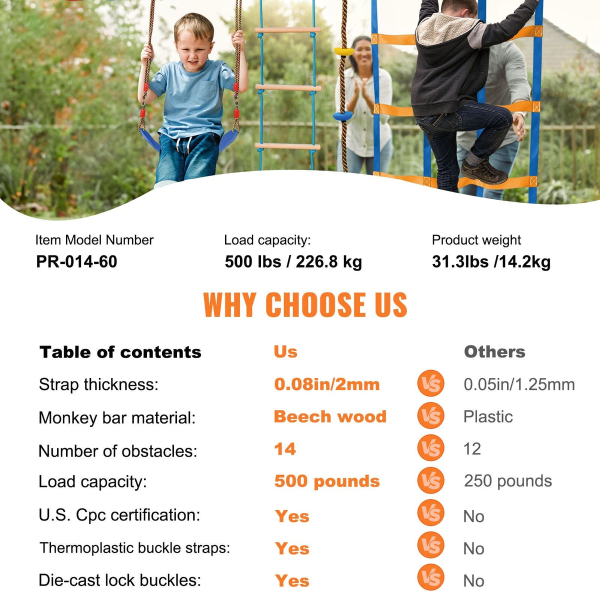 Ninja Warrior Obstacle Course for Kids, 2 x 60 ft Weatherproof Slacklines, 500lbs Weight Capacity Monkey Line, Outdoor Playset Equipment, Backyard Toys Training Equipment Set with 14 Obstacles