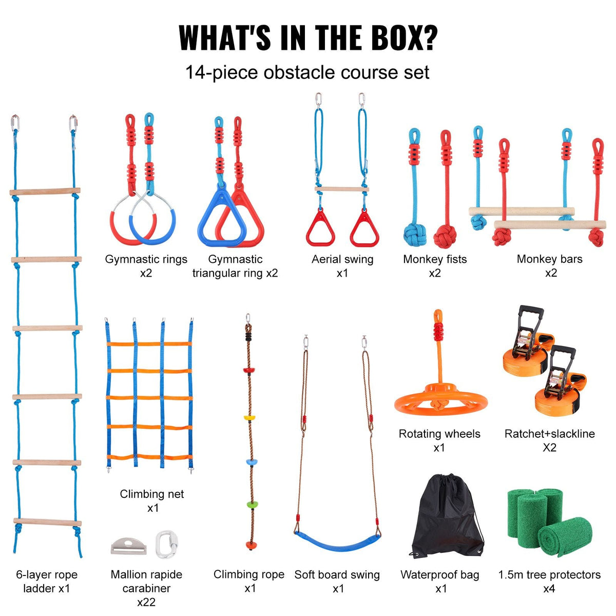 Ninja Warrior Obstacle Course for Kids, 2 x 60 ft Weatherproof Slacklines, 500lbs Weight Capacity Monkey Line, Outdoor Playset Equipment, Backyard Toys Training Equipment Set with 14 Obstacles