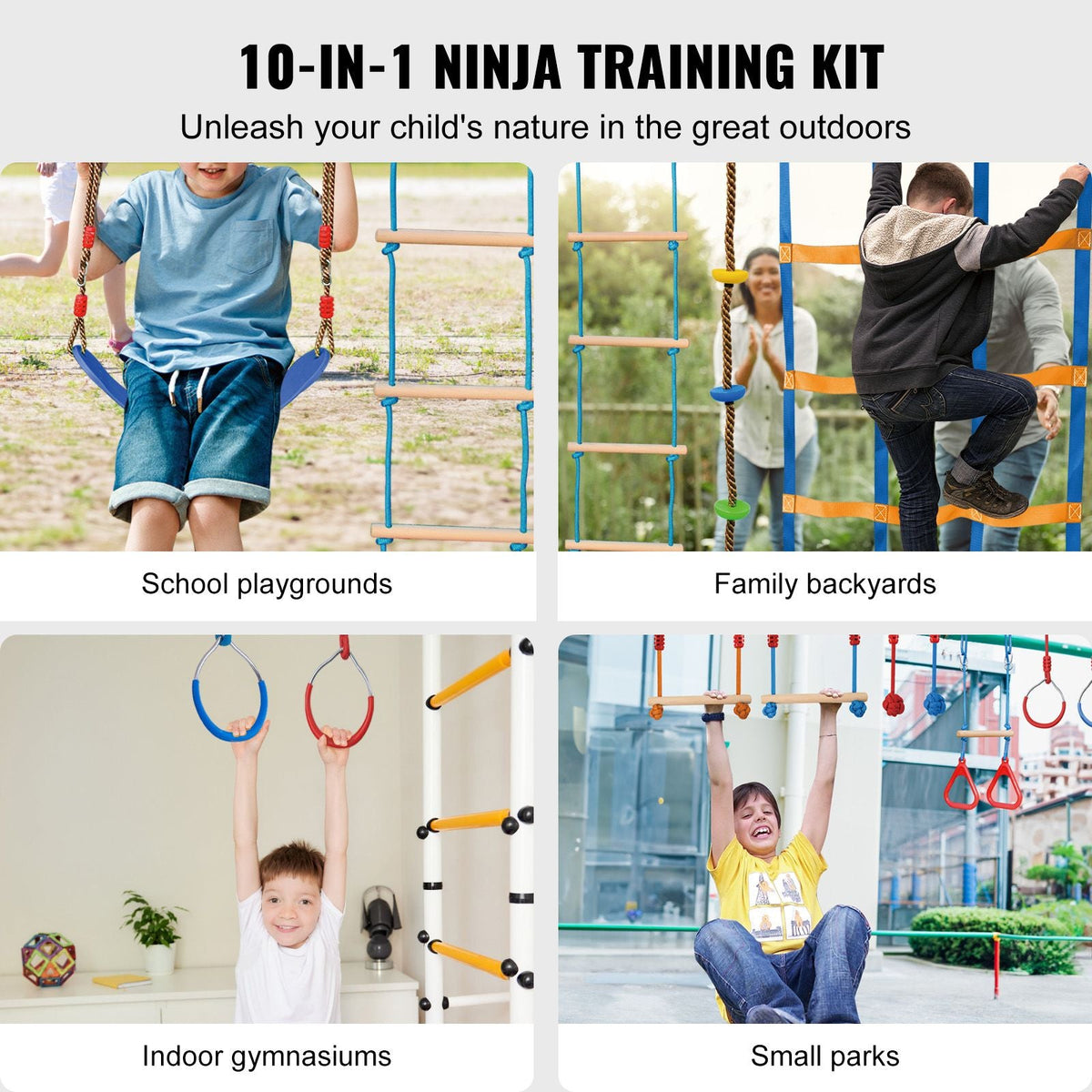 Ninja Warrior Obstacle Course for Kids, 2 x 60 ft Weatherproof Slacklines, 500lbs Weight Capacity Monkey Line, Outdoor Playset Equipment, Backyard Toys Training Equipment Set with 14 Obstacles