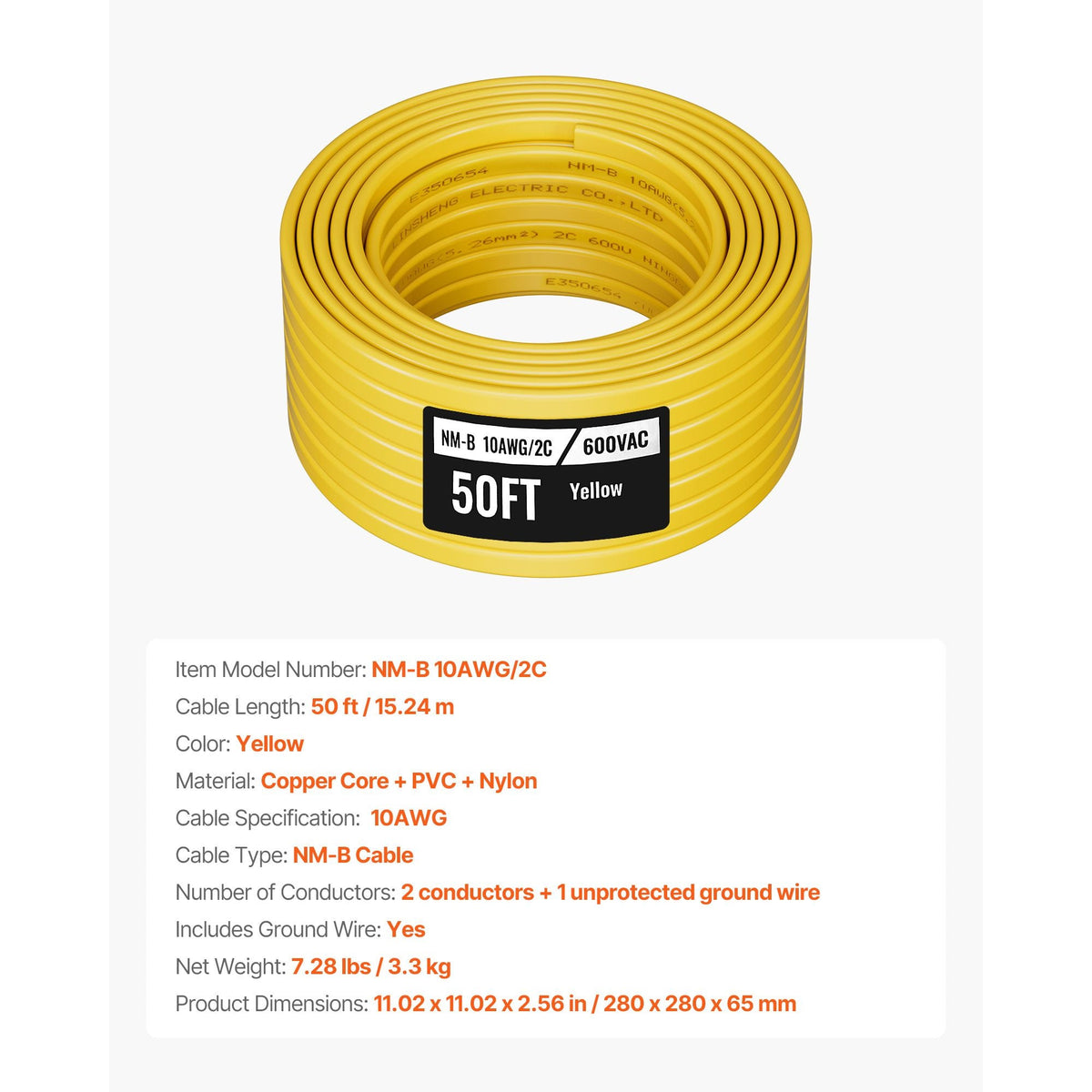 NM-B Wire, 10AWG/2C Non-Mettalic Residential Indoor Electrical Wire with Ground, PVC Sheathed High-Purity Copper Core Cable, for Outlets, Switches, Other Loads & Lighting Wiring Projects(50 ft)