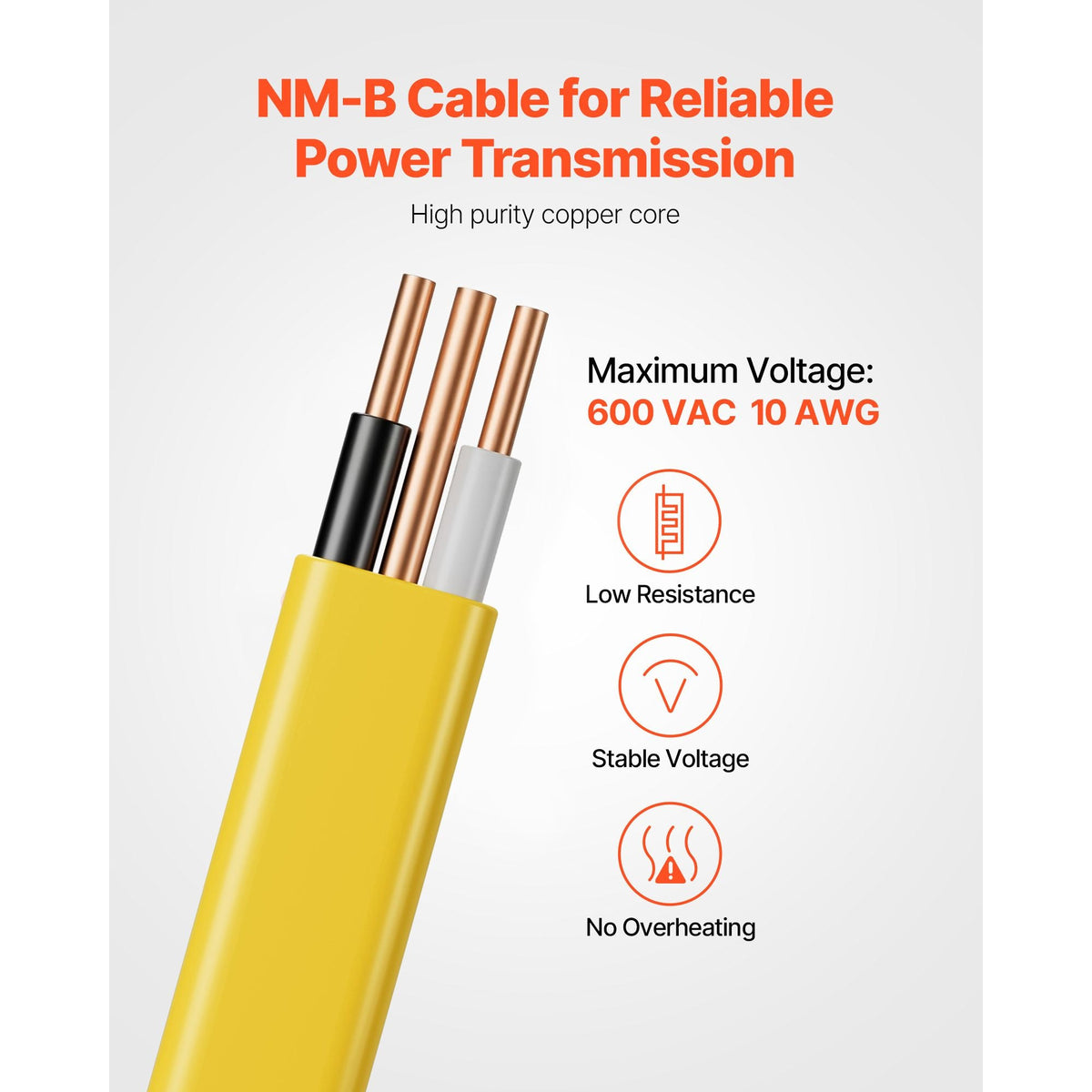 NM-B Wire, 10AWG/2C Non-Mettalic Residential Indoor Electrical Wire with Ground, PVC Sheathed High-Purity Copper Core Cable, for Outlets, Switches, Other Loads & Lighting Wiring Projects(50 ft)