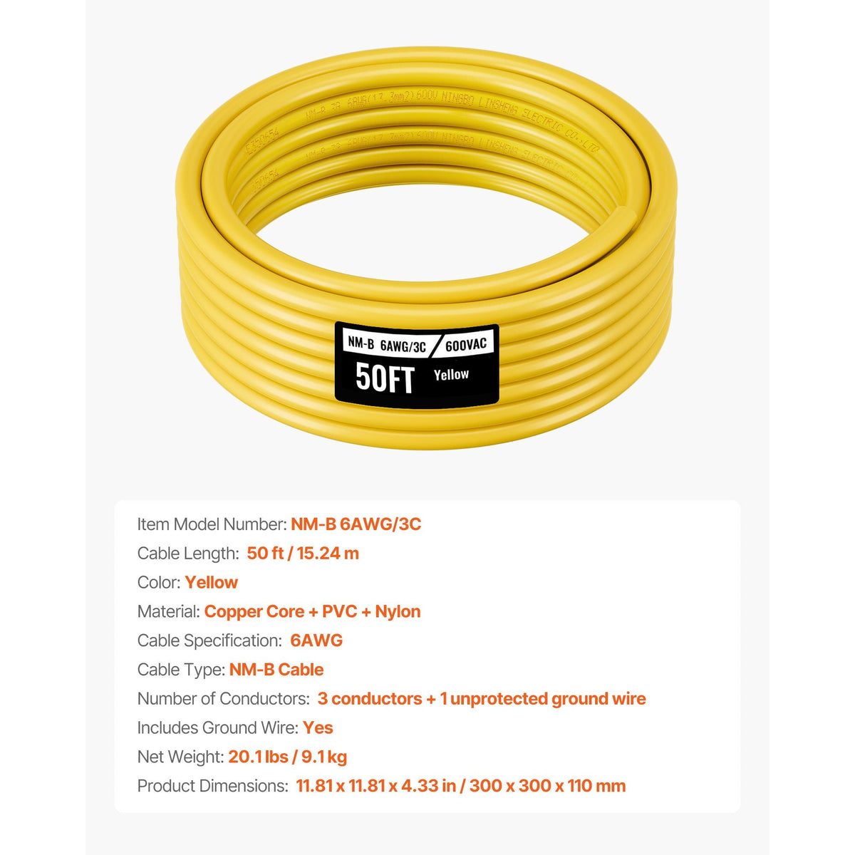 NM-B Wire, 6AWG/3C Non-Mettalic Residential Indoor Electrical Wire with Ground, PVC Sheathed High-Purity Copper Core Cable, for Outlets, Switches, Other Loads & Lighting Wiring Projects(50 ft)