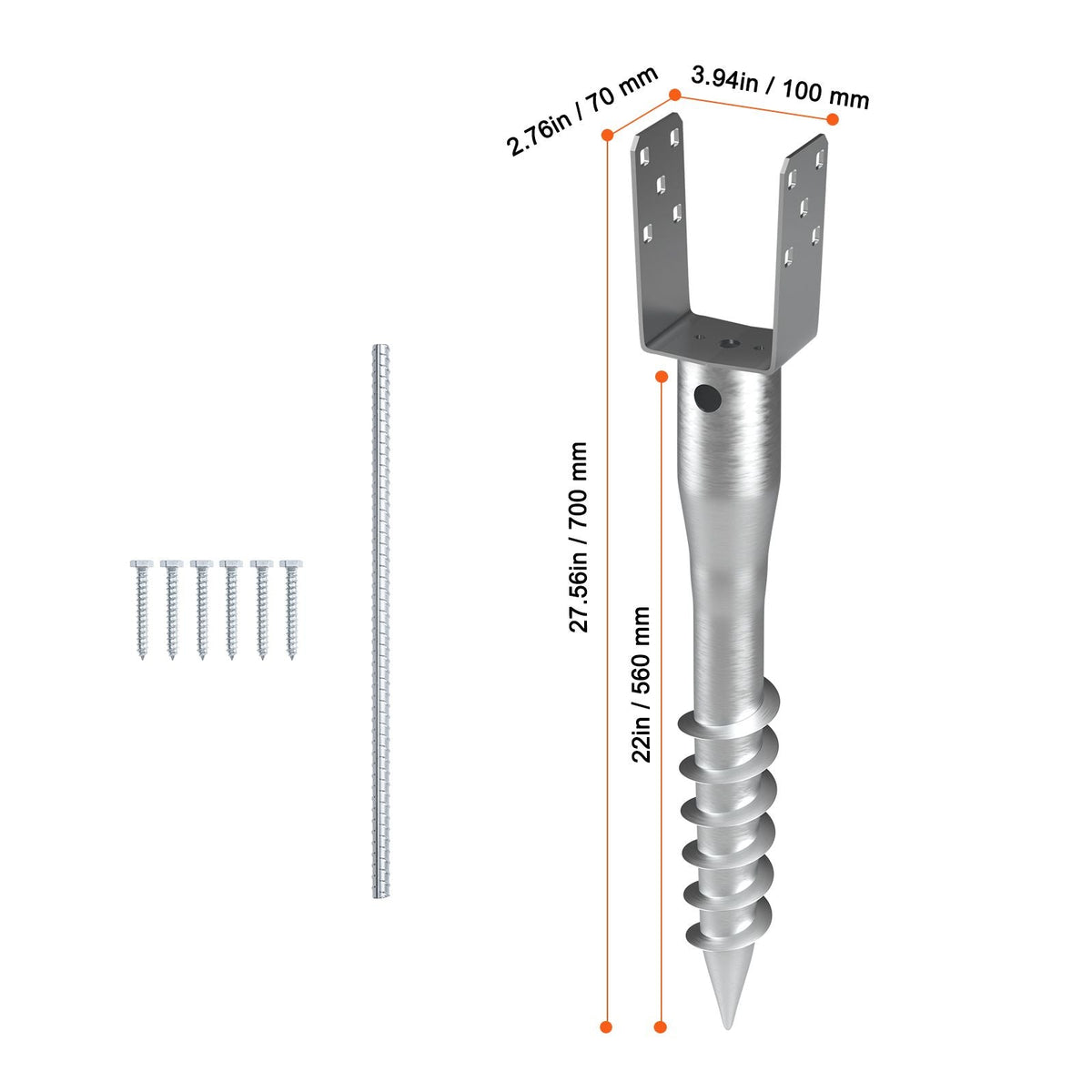 No Dig Ground Anchor, 1 Pack 3.94 x 2.76 x 27.56 in DIY Screw in Post Stake, Includes 6 Lag Bolts & a Rebar, U-Shape Heavy Duty Steel Post Holder, Great for Mailbox Posts and Fence Posts