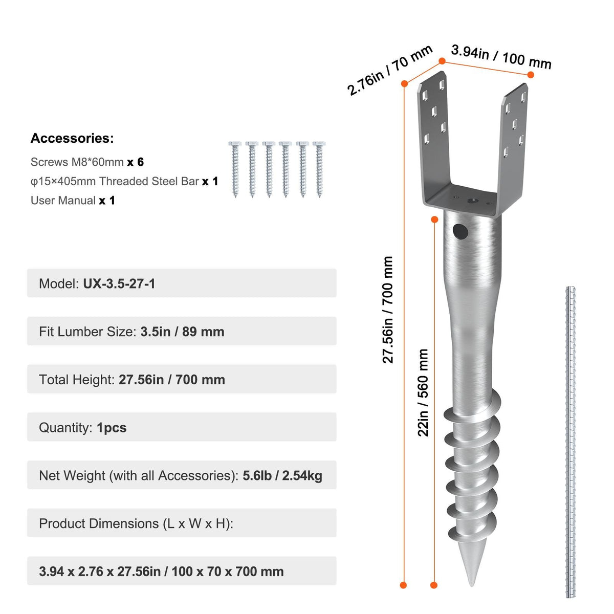 No Dig Ground Anchor, 1 Pack 3.94 x 2.76 x 27.56 in DIY Screw in Post Stake, Includes 6 Lag Bolts & a Rebar, U-Shape Heavy Duty Steel Post Holder, Great for Mailbox Posts and Fence Posts