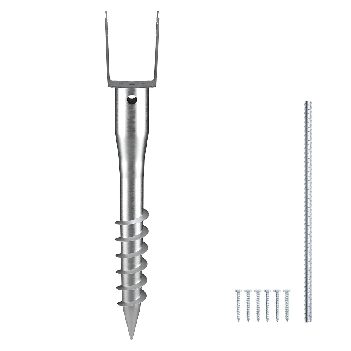 No Dig Ground Anchor, 1 Pack 3.94 x 2.76 x 27.56 in DIY Screw in Post Stake, Includes 6 Lag Bolts & a Rebar, U-Shape Heavy Duty Steel Post Holder, Great for Mailbox Posts and Fence Posts