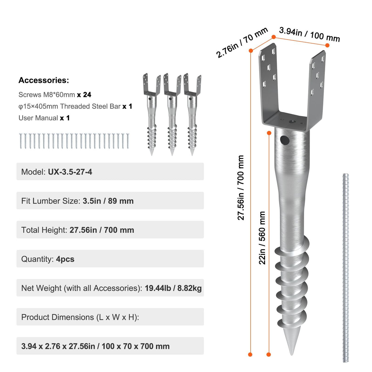 No Dig Ground Anchor, 4 Pack 3.94 x 2.76 x 27.56 in DIY Screw in Post Stake, Includes 6 Lag Bolts & a Rebar, U-Shape Heavy Duty Steel Post Holder, Great for Mailbox Posts and Fence Posts