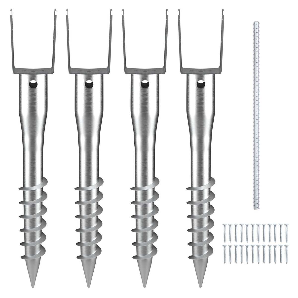 No Dig Ground Anchor, 4 Pack 3.94 x 2.76 x 27.56 in DIY Screw in Post Stake, Includes 6 Lag Bolts & a Rebar, U-Shape Heavy Duty Steel Post Holder, Great for Mailbox Posts and Fence Posts