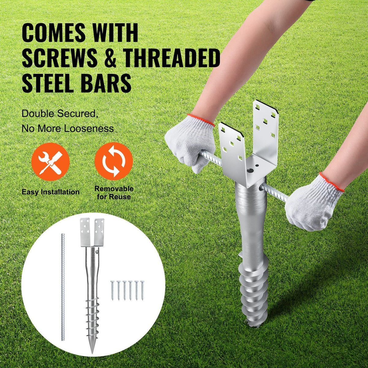 No Dig Ground Anchor, 4 Pack 3.94 x 2.76 x 27.56 in DIY Screw in Post Stake, Includes 6 Lag Bolts & a Rebar, U-Shape Heavy Duty Steel Post Holder, Great for Mailbox Posts and Fence Posts