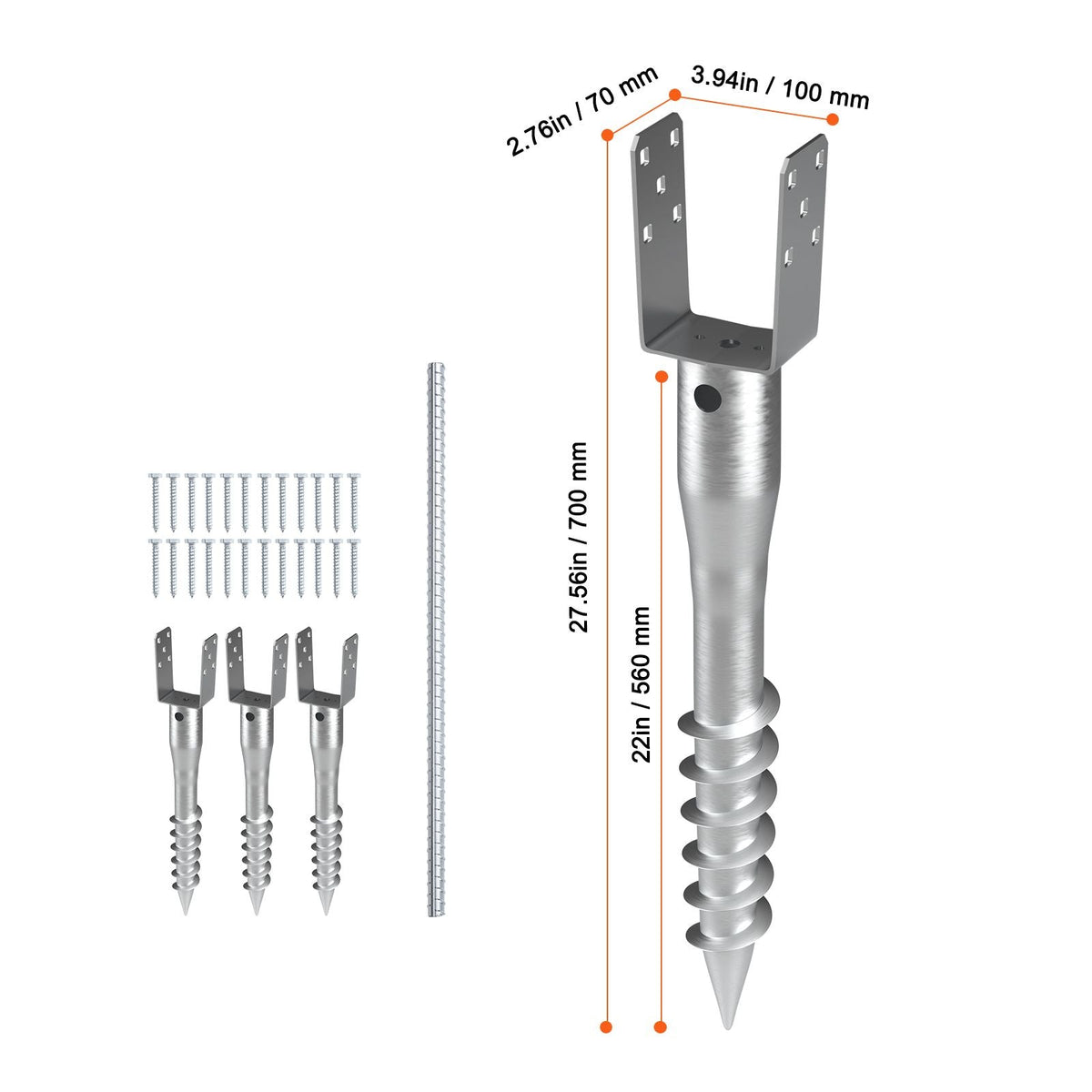 No Dig Ground Anchor, 4 Pack 3.94 x 2.76 x 27.56 in DIY Screw in Post Stake, Includes 6 Lag Bolts & a Rebar, U-Shape Heavy Duty Steel Post Holder, Great for Mailbox Posts and Fence Posts