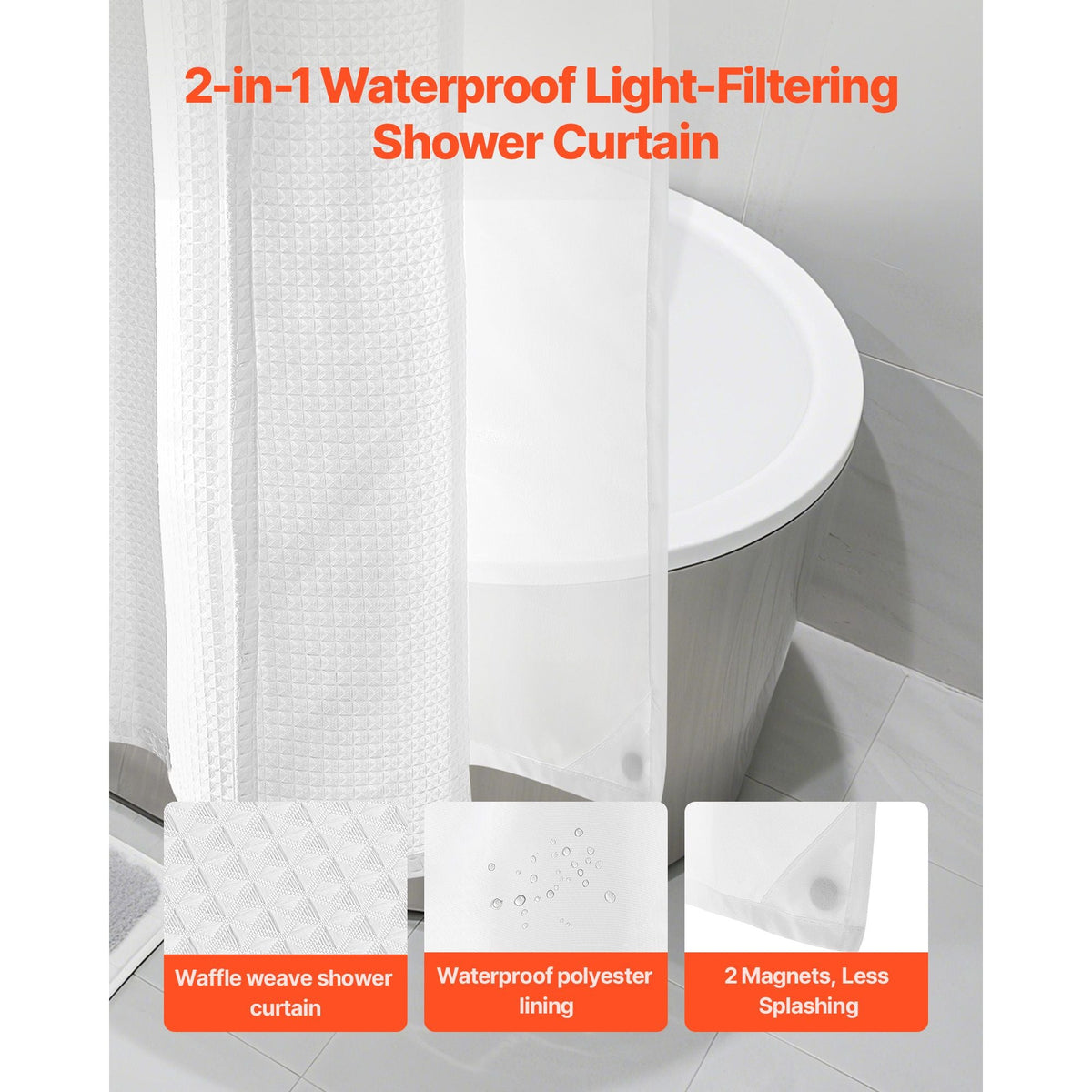 No Hook Shower Curtain, 2-in-1 Waterproof Waffle Weave Shower Curtains, 240 GSM Curtain with Snap-in Liner, See-Through Window, and Magnets, for Bathroom Showers & Bath Tubs, 74x71 in (White)