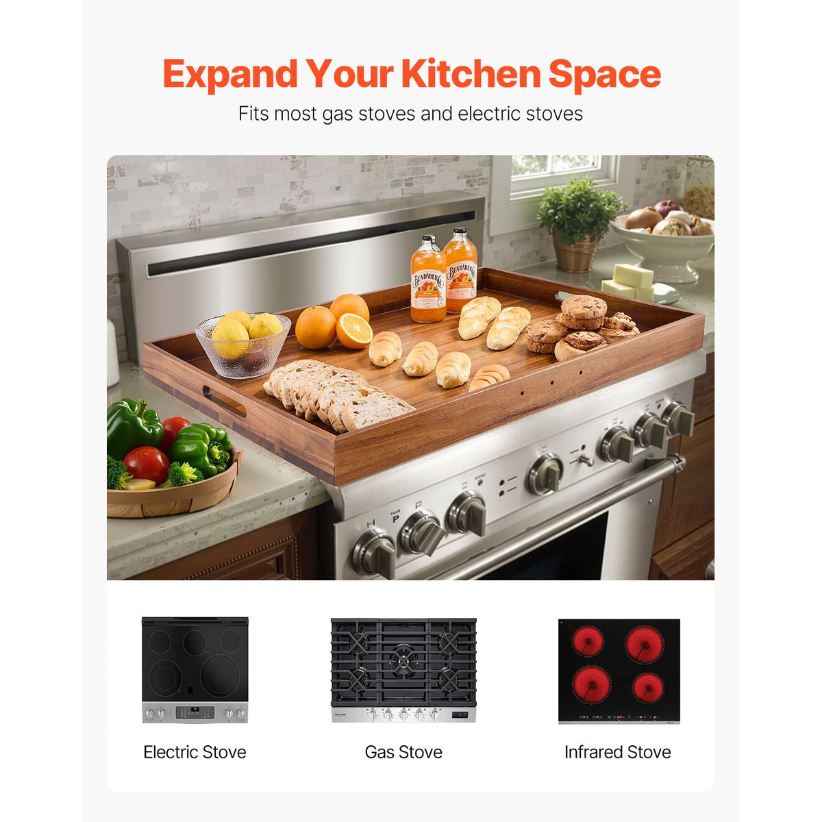 Noodle Board Stove Cover, Stove Top Cover Board for Gas Burner & Electric Stove, Acacia Wood Cutting Board with Built-in Handles, RV Stovetop Cover/ Kitchen Sink Cover for Counter Space & Tray