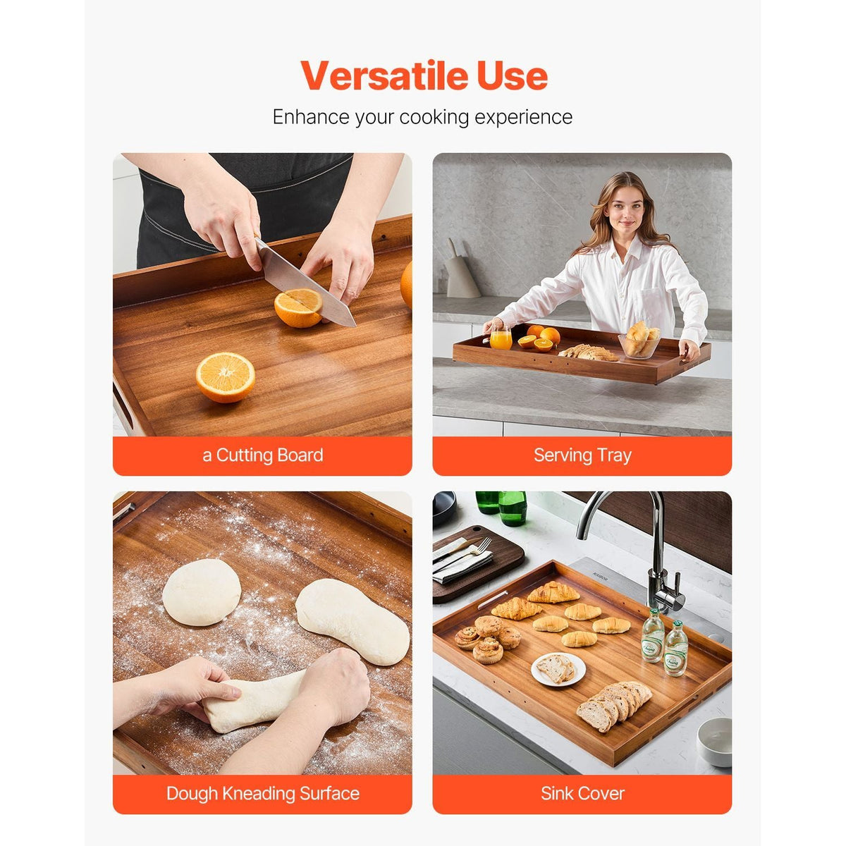 Noodle Board Stove Cover, Stove Top Cover Board for Gas Burner & Electric Stove, Acacia Wood Cutting Board with Built-in Handles, RV Stovetop Cover/ Kitchen Sink Cover for Counter Space & Tray
