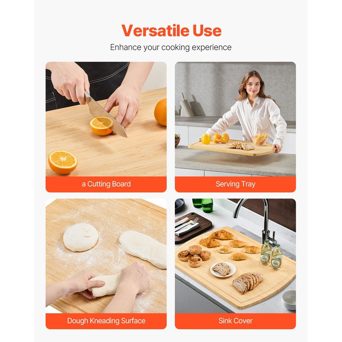 Noodle Board Stove Cover, Stove Top Cover Board for Gas Burner & Electric Stove, Bamboo Wood Cutting Board with Juice Grooves, RV Stovetop/ Kitchen Sink Cover for Counter Space & Tray, Natural