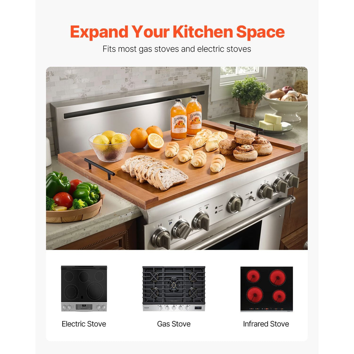 Noodle Board Stove Cover, Stove Top Cover Board for Gas Burners & Electric Stove, Pine Wood Cutting Board with Handles, RV Stovetop Cover/ Kitchen Sink Cover for Counter Space & Tray, Natural
