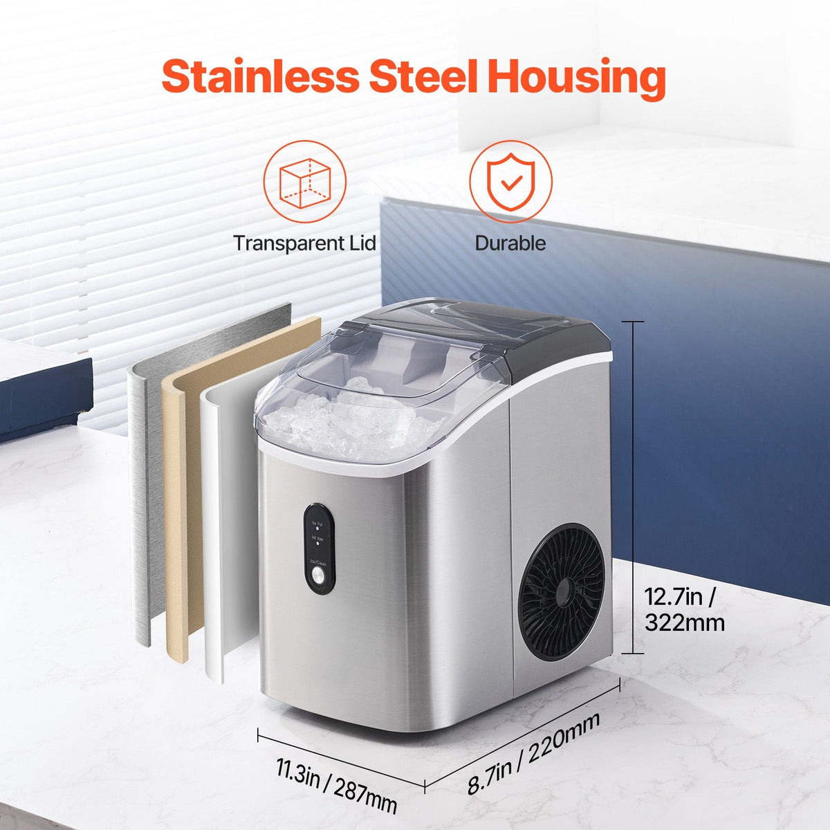 Nugget Ice Maker, 33lbs/24H Pebble Ice Maker with Self Cleaning, Chewable Ice Maker with Ice Scoop & Basket, Stainless Steel Ice Machine with Transparent Lid for Home Kitchen Office Bar Party