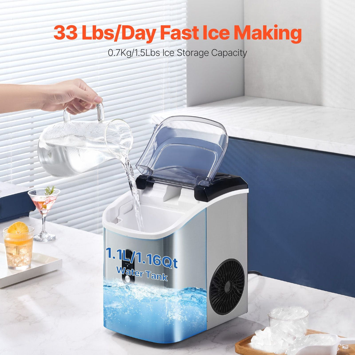 Nugget Ice Maker, 33lbs/24H Pebble Ice Maker with Self Cleaning, Chewable Ice Maker with Ice Scoop & Basket, Stainless Steel Ice Machine with Transparent Lid for Home Kitchen Office Bar Party