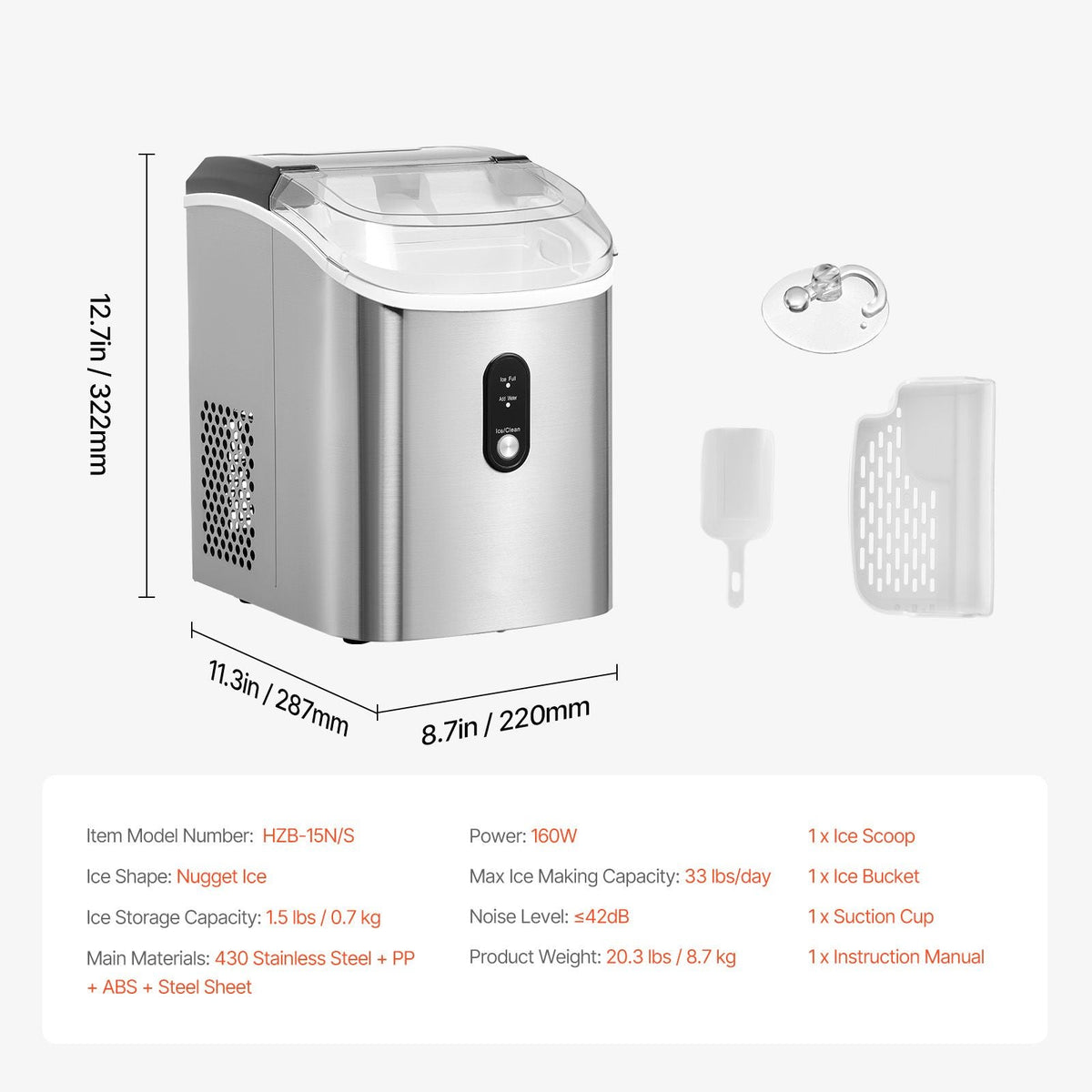 Nugget Ice Maker, 33lbs/24H Pebble Ice Maker with Self Cleaning, Chewable Ice Maker with Ice Scoop & Basket, Stainless Steel Ice Machine with Transparent Lid for Home Kitchen Office Bar Party