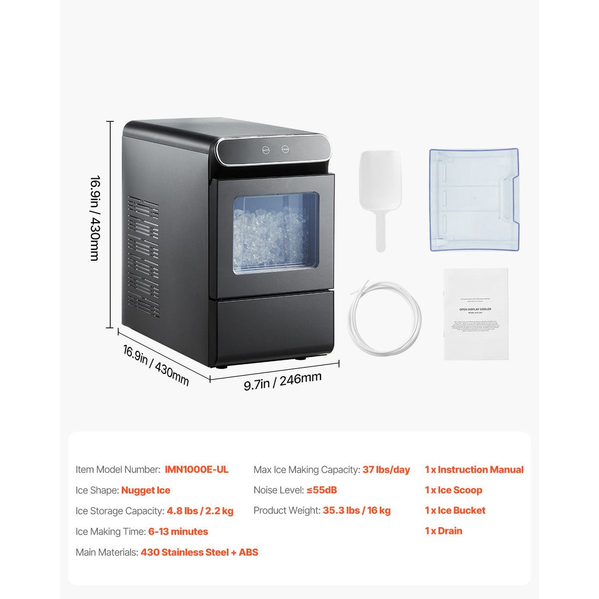 Nugget Ice Maker, 37lbs/24H Pebble Ice Maker with Self Cleaning, Chewable Ice Maker with Ice Scoop and Basket, Stainless Steel Ice Machine with Convenient Ice Transfer for Home Kitchen Office