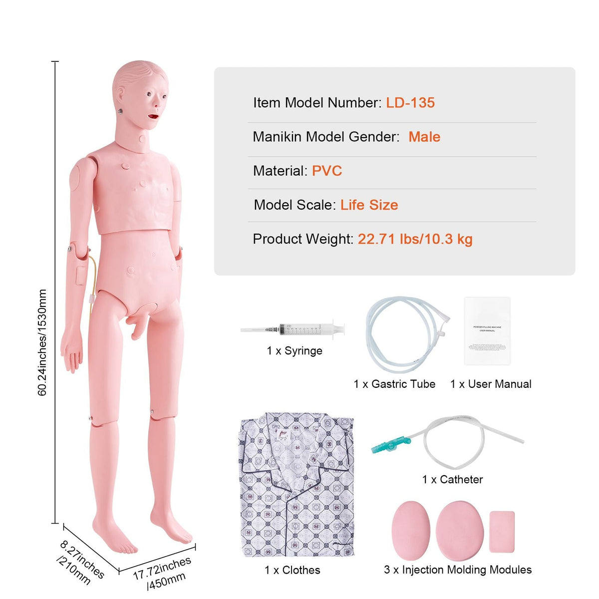 Nursing Training Manikin, Male Life Size Demonstration Human Manikin for Nursing Training, Multifunctional Education Teaching Model Supplies, PVC Anatomical Mannequin Body Care Simulator Model