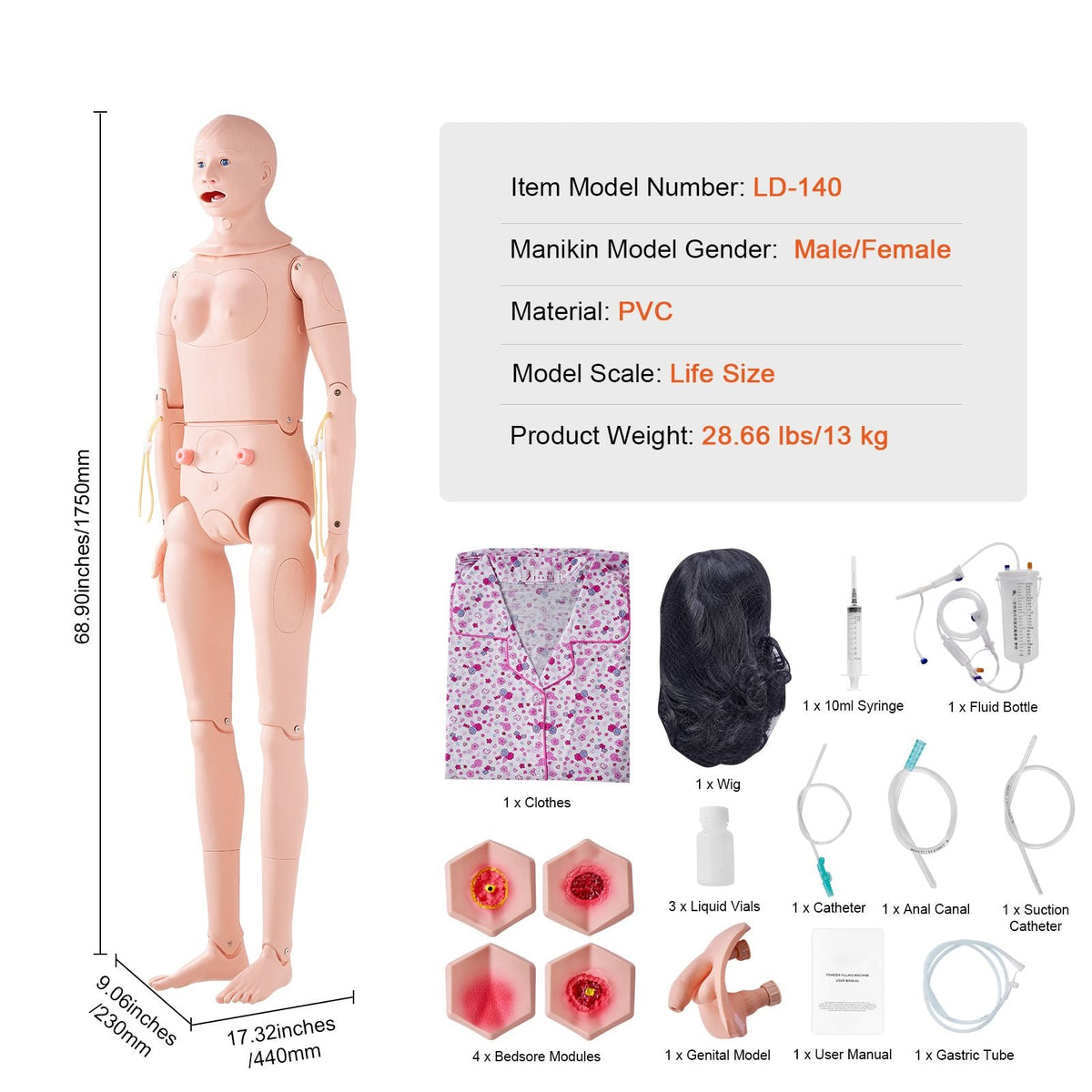 Nursing Training Manikin, Male/Female Life Size Demonstration Human Manikin for Nursing Training, Multifunctional Education Teaching Model, PVC Anatomical Mannequin Body Care Simulator Model