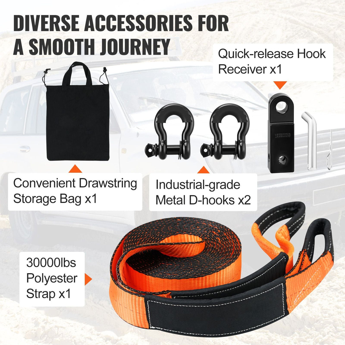 Off-Road Recovery Kit, 3" x 30', Heavy Duty Winch Recovery Kit with 30,000 lbs Tow Strap, 44,092 lbs D-Ring Shackles, Shackle Receiver and Storage Bag, for ATVs, Jeeps, Off-Road Vehicles, Trucks