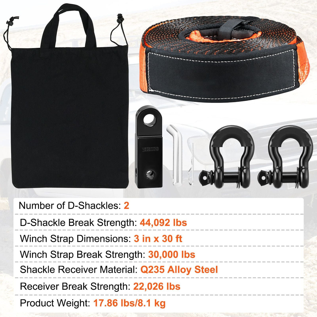 Off-Road Recovery Kit, 3" x 30', Heavy Duty Winch Recovery Kit with 30,000 lbs Tow Strap, 44,092 lbs D-Ring Shackles, Shackle Receiver and Storage Bag, for ATVs, Jeeps, Off-Road Vehicles, Trucks